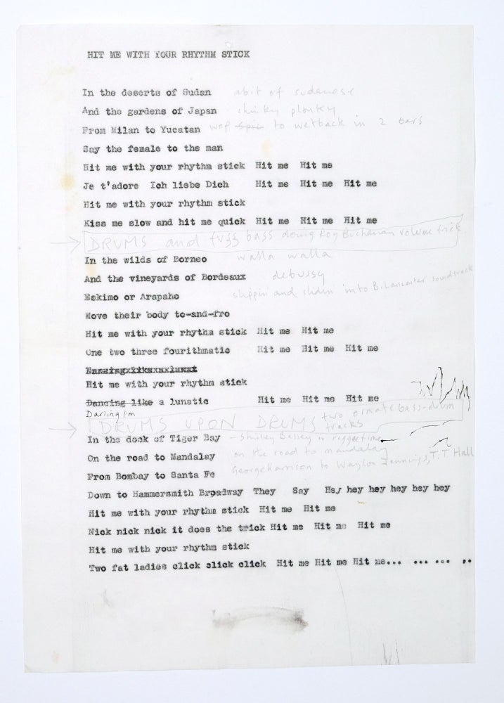 Item #4851 “Hit Me With Your Rhythm Stick” lyric sheet with notes. Ian Dury.