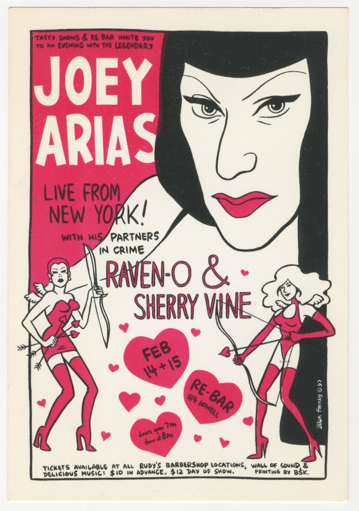 Item #5040 Joey Arias with Raven-O and Sherry Vine at Re Bar handbill. Ellen Forney.