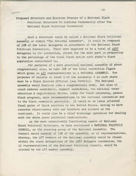 Item #5066 Working Draft for “Proposed Structure and Election Process of A National Black Political Structure to Continue Permanently After the National Black Political Convention”. Amiri Baraka.