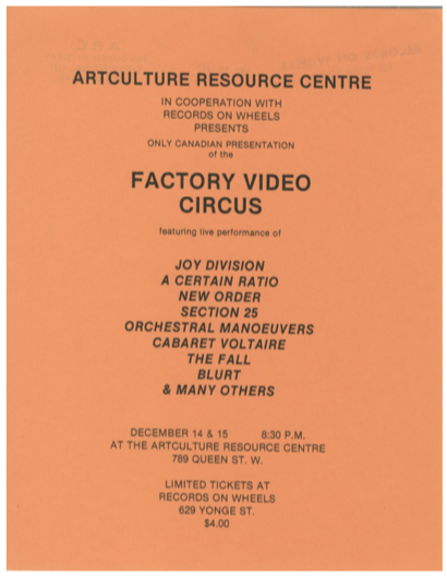 Item #5144 Factory Records. Factory Video Circus. [ticket for Canadian screening]
