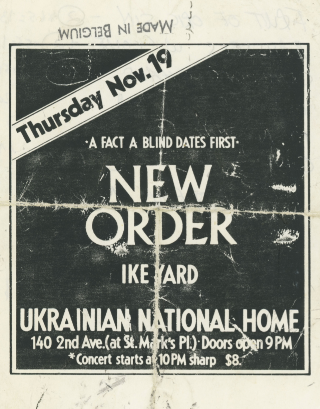 Item #5158 A Fact A First: New Order Ike Yard Handbill. Michael Shamberg, Stuart Argabright
