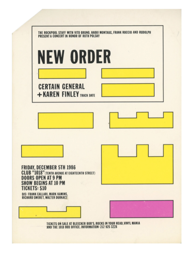 Item #5174 Flyer for New Order at Club 1018. Lawrence Weiner.