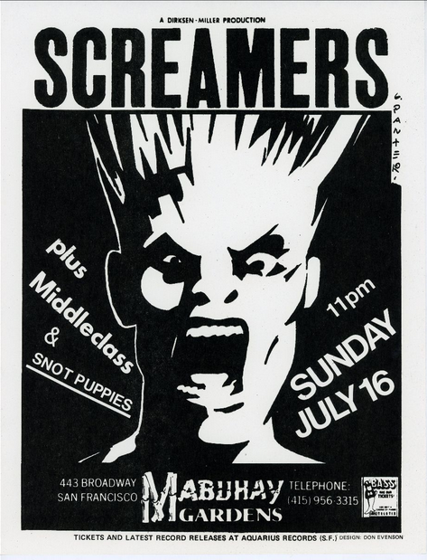 Item #5606 Screamers Sunday July 16 at Mabuhay Gardens. Flyer, Don Evenson, Gary Panter.