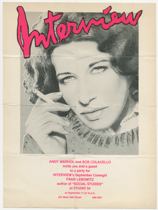 Item #5617 Interview’s September Covergirl at Studio 54. Fran Lebowitz Andy Warhol
