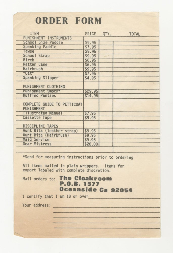 Item #5872 The Cloakroom Order Form