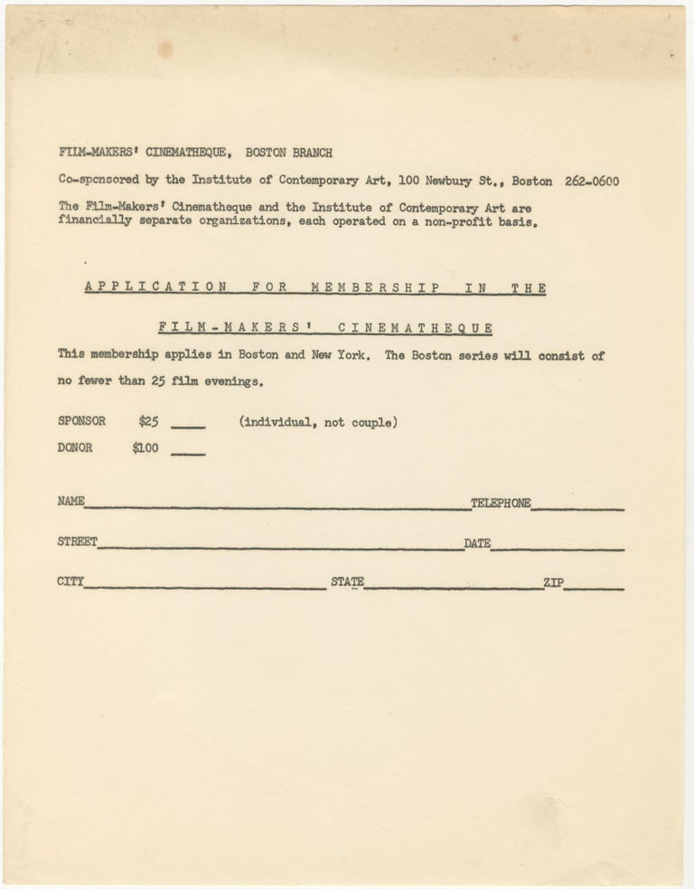 Item #5912 Application for Membership in the Film-Makers’ Cinematheque