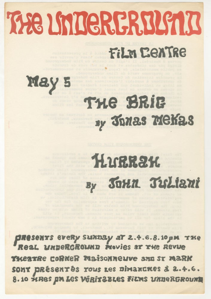 Item #5935 The Brig and Hurrah at The Underground Film Centre [Jonas Mekas, John Juliani]