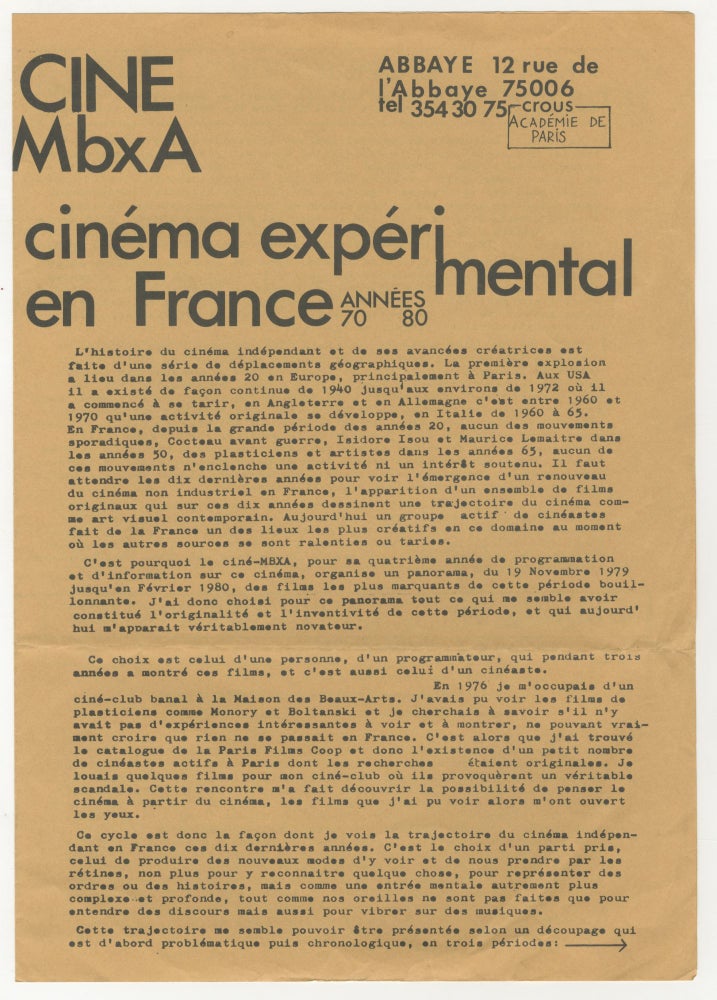 Item #5937 Cinema Experimental en France [program]