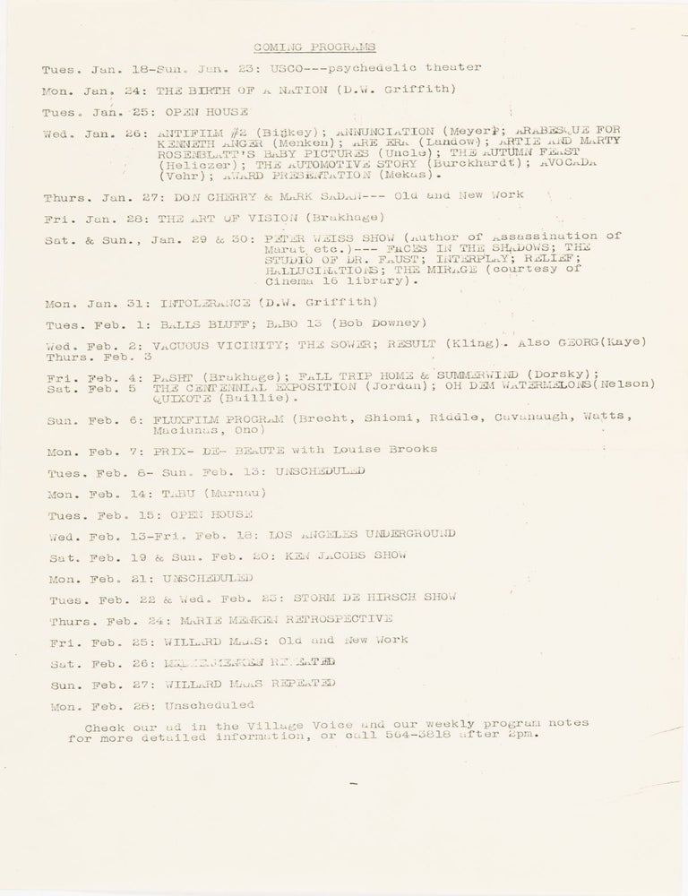 Item #6011 Coming Programs [at Film-makers' Cinematheque]
