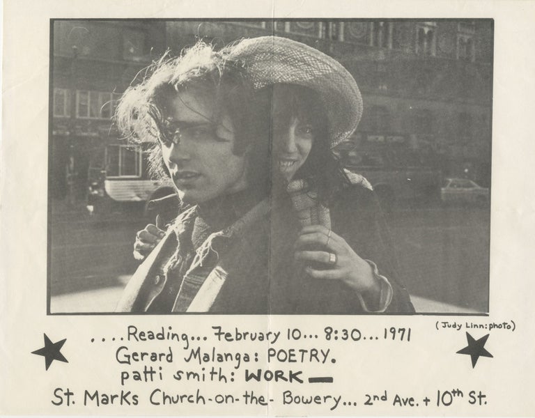 Item #6102 [Patti Smith’s first poetry reading] Gerard Malanga and Patti Smith Reading at St. Marks Church on the Bowery. Patti Smith, Gerard Malanga, photo Judy Linn.