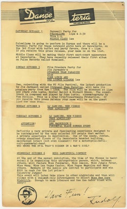 Item #6427 Danceteria Press Release [Jim Jarmusch, John Lurie, Club 57, Sigourney Weaver, Keith...