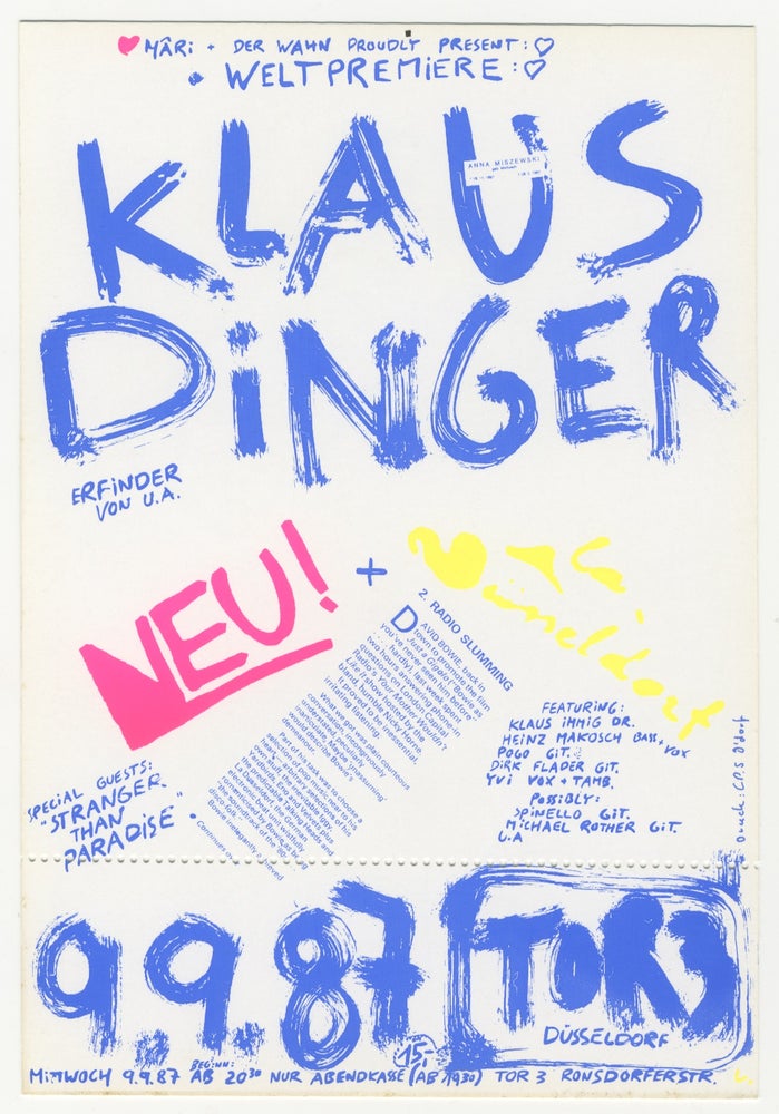 Item #6621 Klaus Dinger NEU! + La Düsseldorf at Tor 3 Handbill. Klaus Dinger.