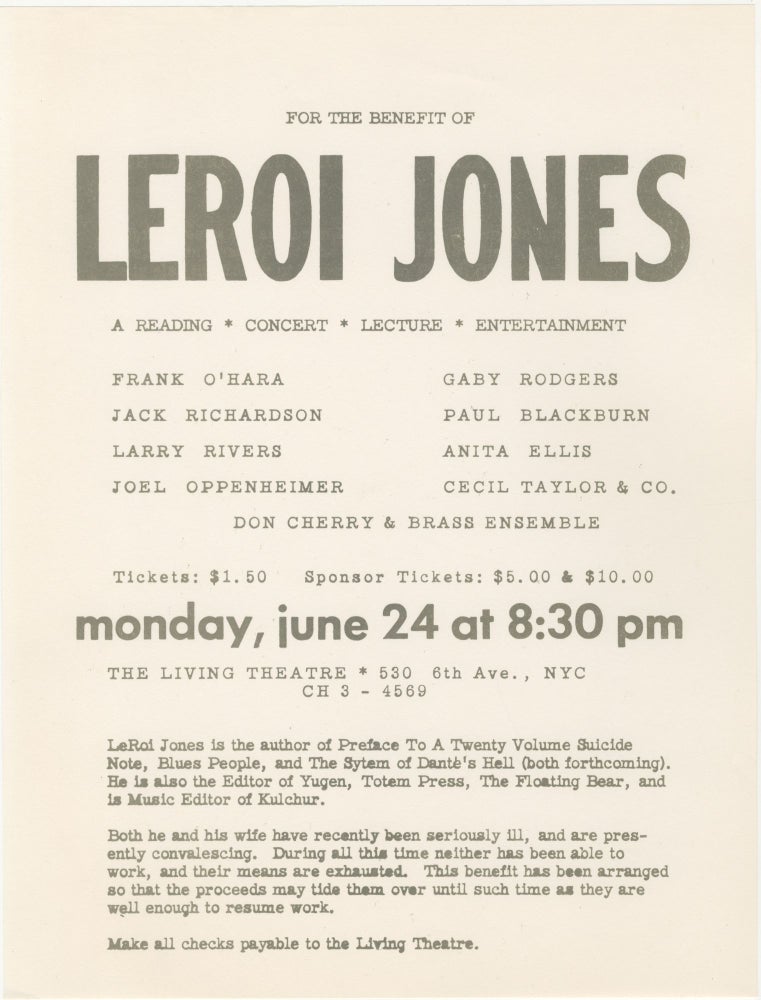 Item #6792 For The Benefit of Leroi Jones [Cecil Taylor, Don Cherry, Frank O’Hara, Paul Blackburn]