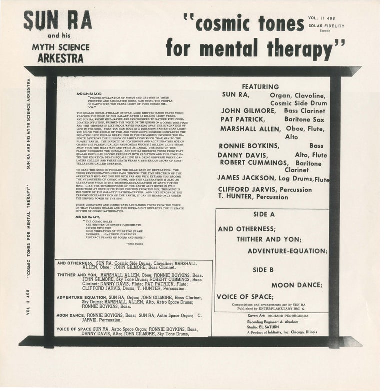 Item #6880 Sun Ra and his Myth Science Arkestra - "cosmic tones for mental therapy" [Back Cover Proof Sheet]. Sun Ra.