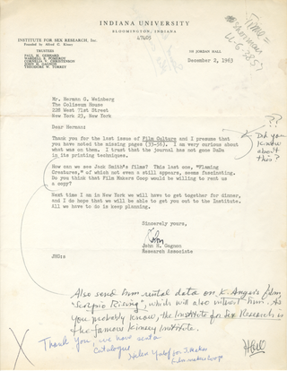 Item #7034 Letter to Herman G. Weinberg from John H. Gagnon [Kinsey Institute for Sex Research]....