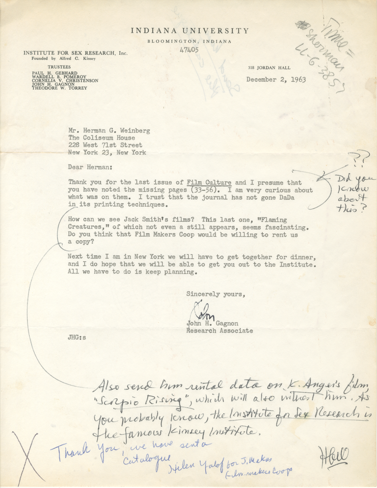 Item #7034 Letter to Herman G. Weinberg from John H. Gagnon [Kinsey Institute for Sex Research]. John H. Gagnon.