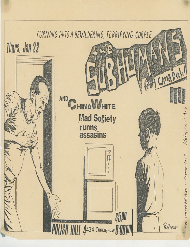 Item #7036 The Subhumans and China White, Mad Society, and Runns Assassins at Polish Hall. Raymond Pettibon.