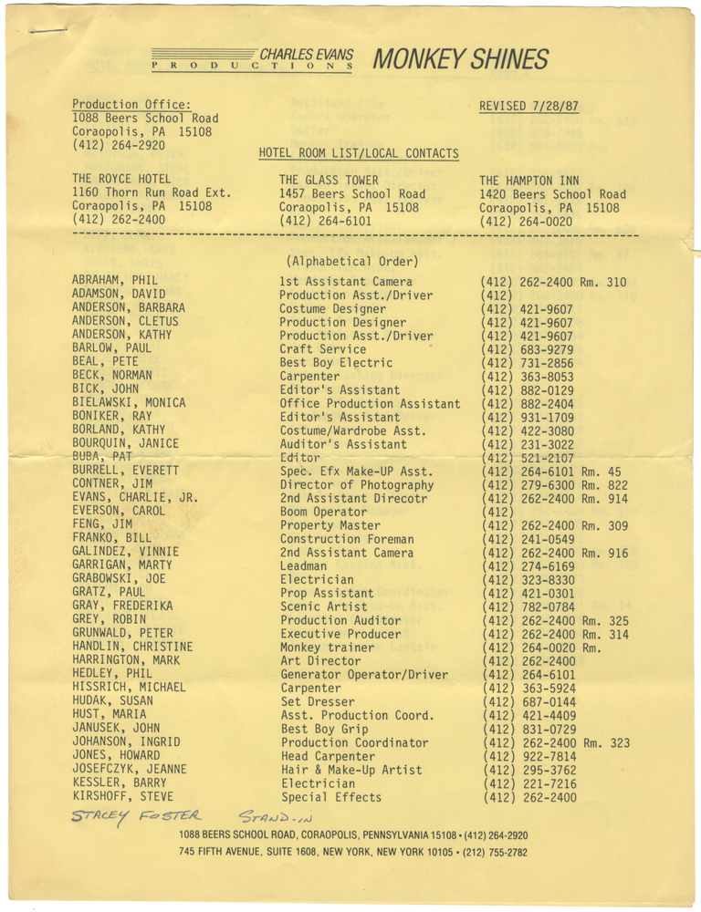 Item #7374 Nick Tallo&rsquo;s Pittsburgh Production Documents: Monkey Shines, The Stand, Two Evil Eyes, and Mysteries of Pittsburgh