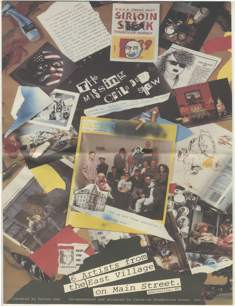 Item #7472 The Missing Children Show promotional material. Future 2000 Rich Colicchio, David Wojnarowicz, Kiely Jenkins, Judy Glantzman, Rhonda Zwillinger.