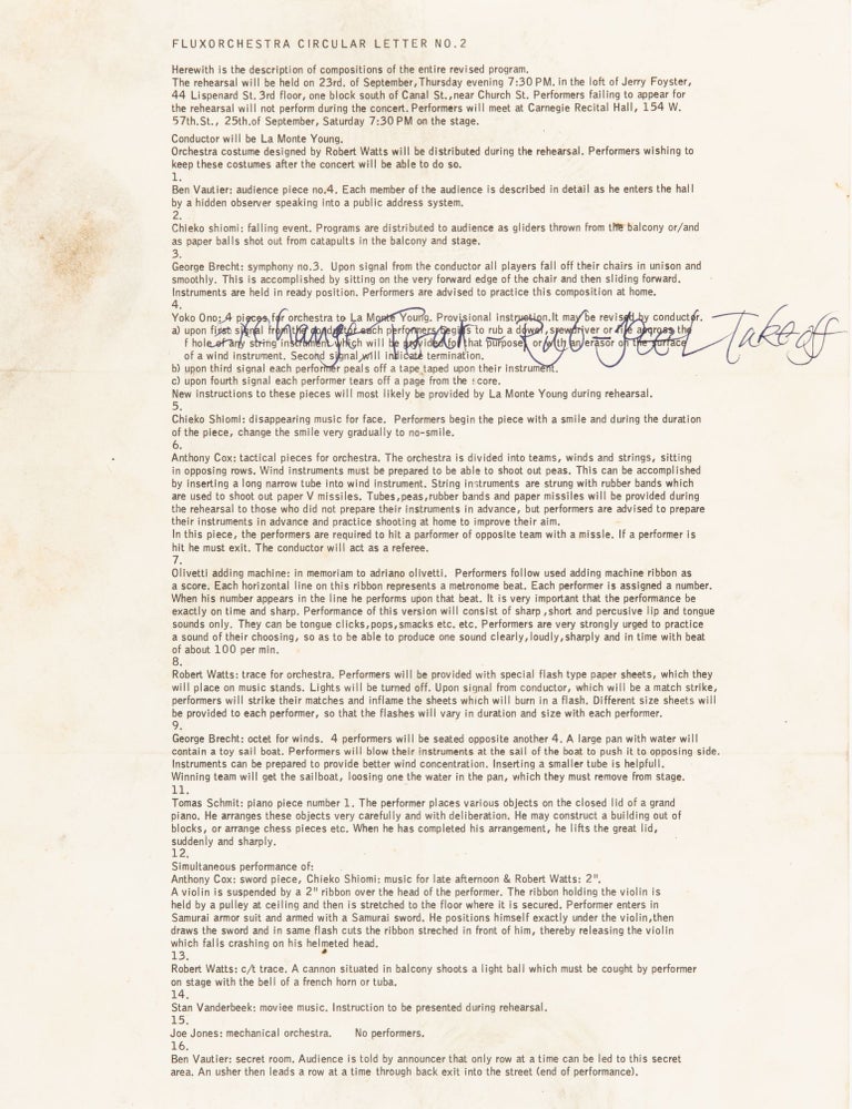 Item #7853 FLUXORCHESTRA CIRCULAR LETTER NO. 2 with adding machine ribbons used as a event score in Fluxorchestra performance