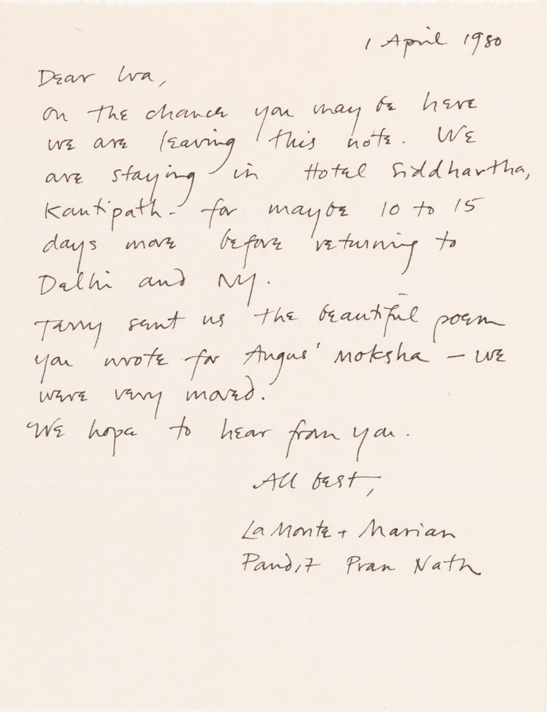 Item #7935 Letter to Ira Cohen from La Monte Young, Marian Zazeela, and Pandit Pran Nath