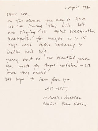 Item #7935 Letter to Ira Cohen from La Monte Young, Marian Zazeela, and Pandit Pran Nath