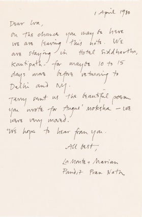 Item #7935 Letter to Ira Cohen from La Monte Young, Marian Zazeela, and Pandit Pran Nath