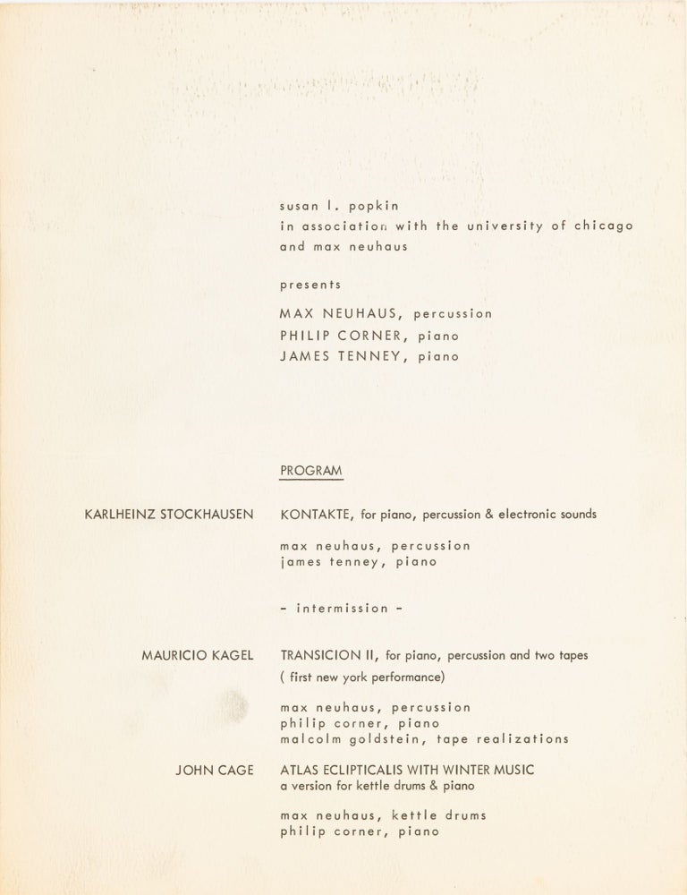 Item #7952 An Evening of Music of the Avant-Garde program. Mauricio Kagel Karlheinz Stockhausen, John Cage.