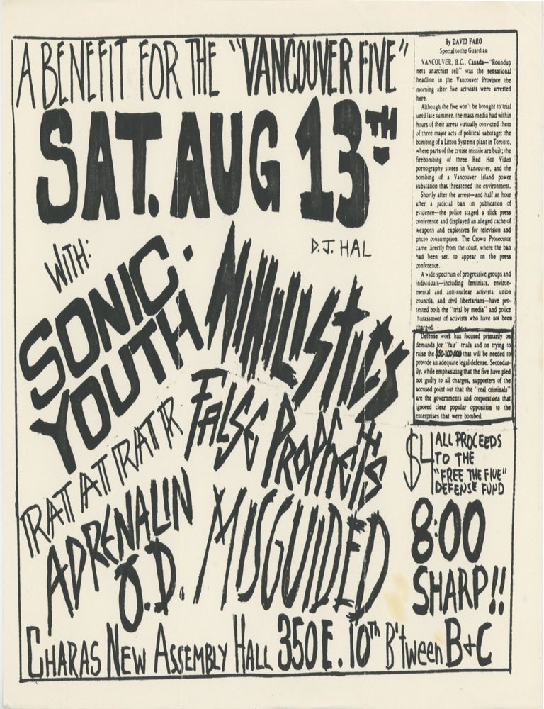 Item #8030 A Benefit For The &ldquo;Vancouver Five&rdquo; with Sonic Youth, Nihilistics, Rat At Rat R, False Prophet, Adrenalin O.D., and Misguided