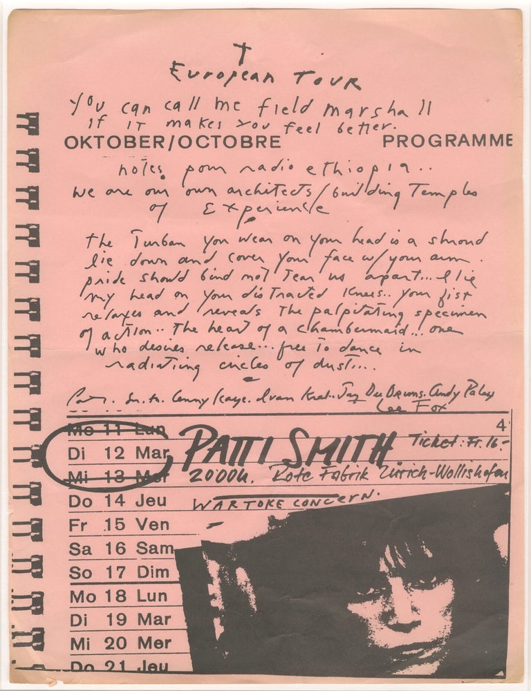 Item #8177 Patti Smith at Rote Fabrik, Oct 12, 1976 [Smith&rsquo;s first Swiss concert, interrupted by a mysterious tear gas attack]