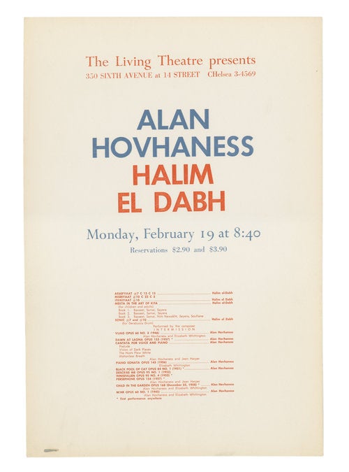 Item #POS191 Concerts of Alan Hovhaness and Halim el Dabh. Living Theatre.